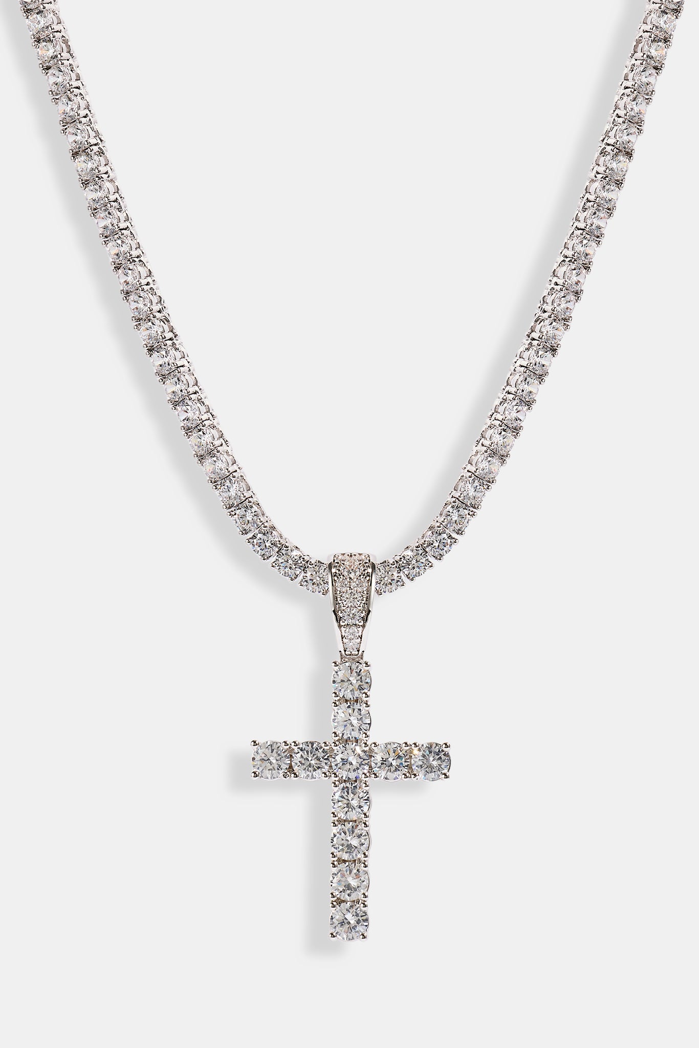 Iced Cross Pendant Tennis Necklace - 30mm - White